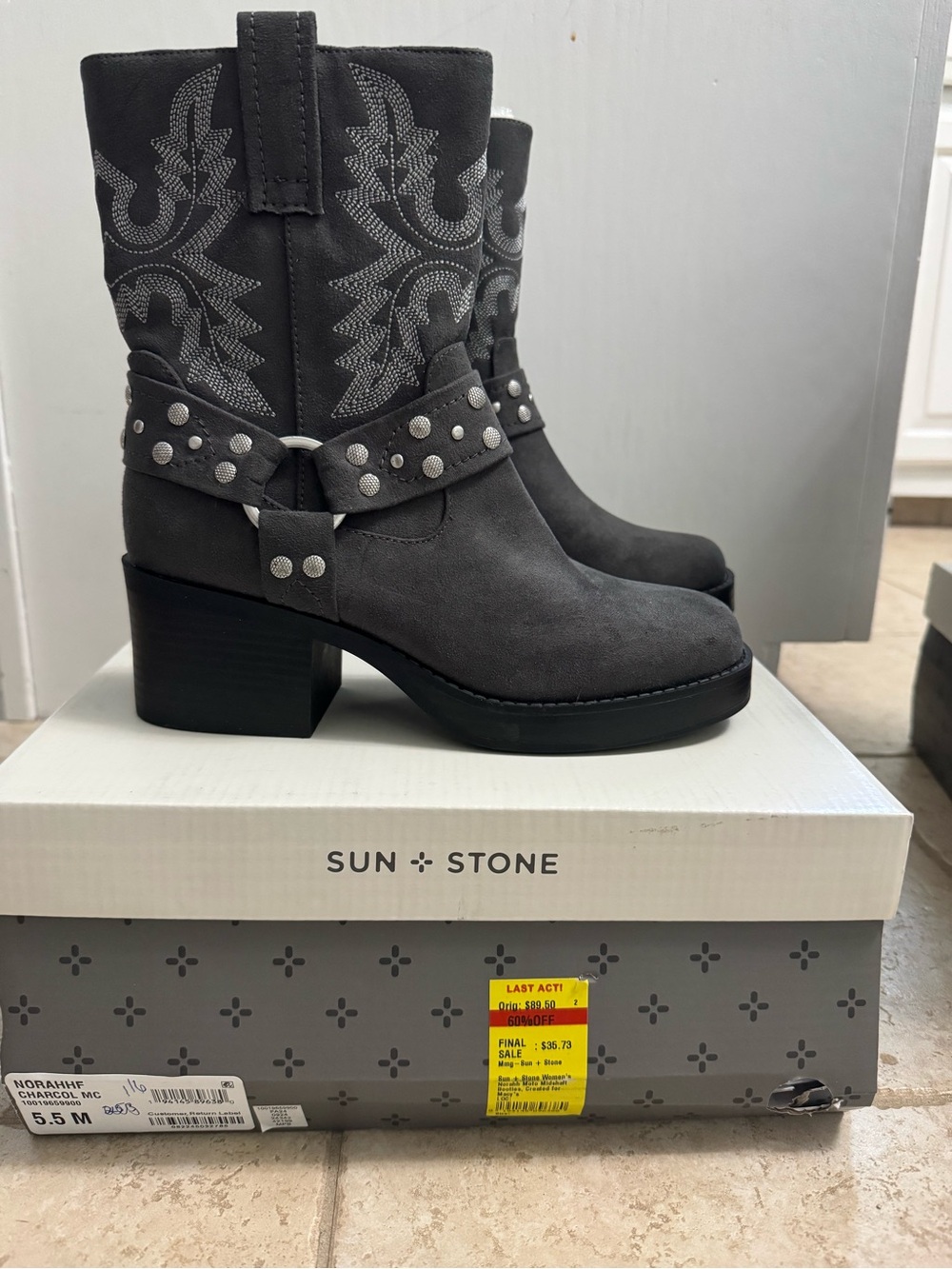 Sun + Stone Charcoal Gray Studded Western Block Heel Boots